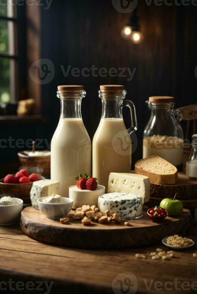 photo variety of dairy products on wooden table