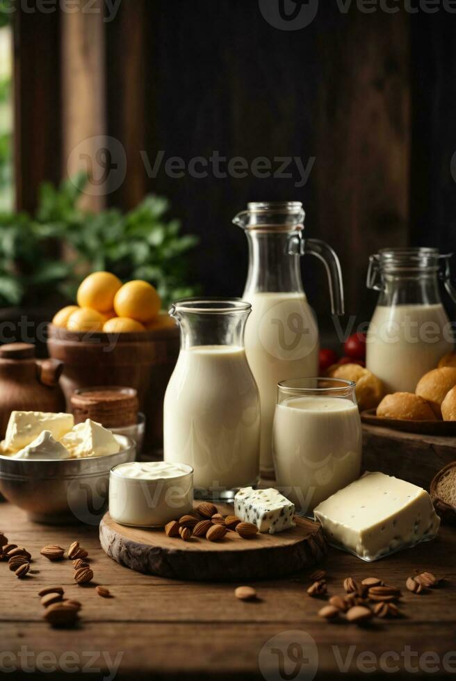 photo variety of dairy products on wooden table