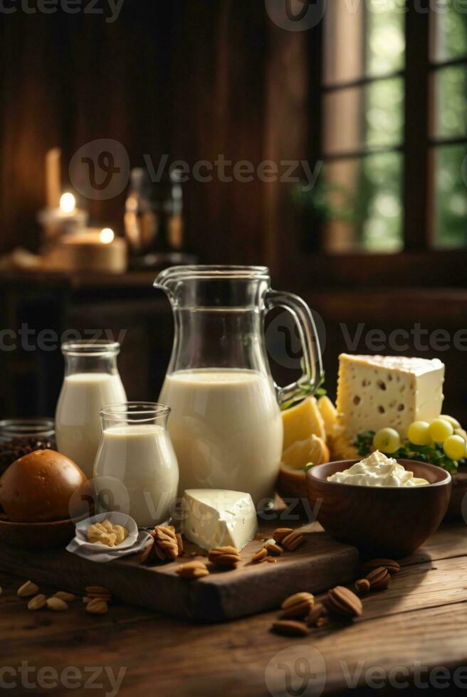 photo variety of dairy products on wooden table