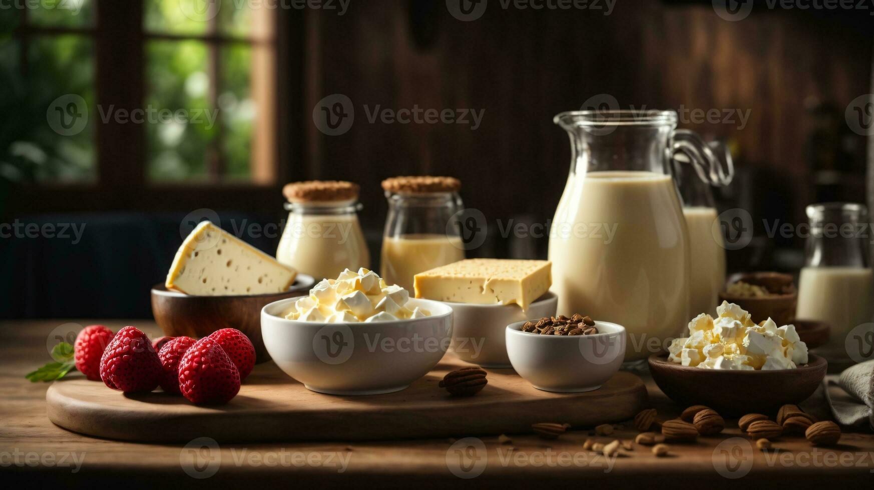 photo variety of dairy products on wooden table