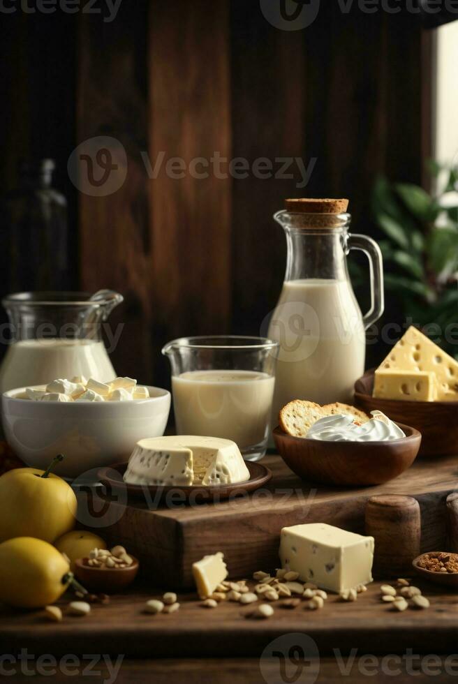 photo variety of dairy products on wooden table