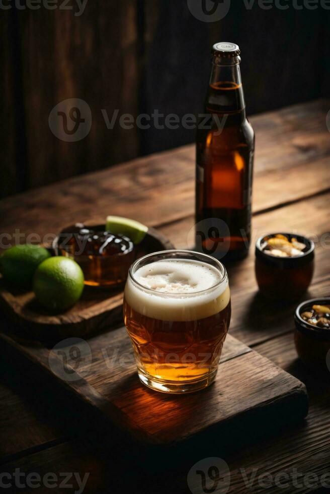 foto de vaso cerveza y meriendas con botella en fondo en bar