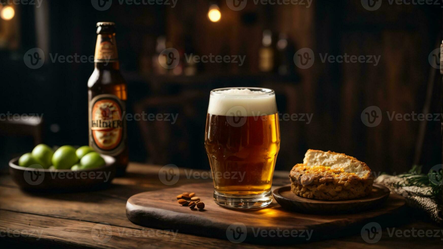 photo of glass beer and snacks  with bottle in backlground in bar