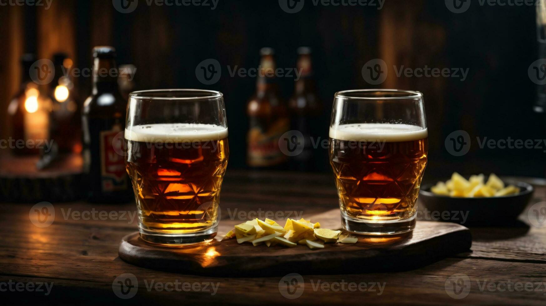 foto de vaso cerveza y meriendas con botella en fondo en bar