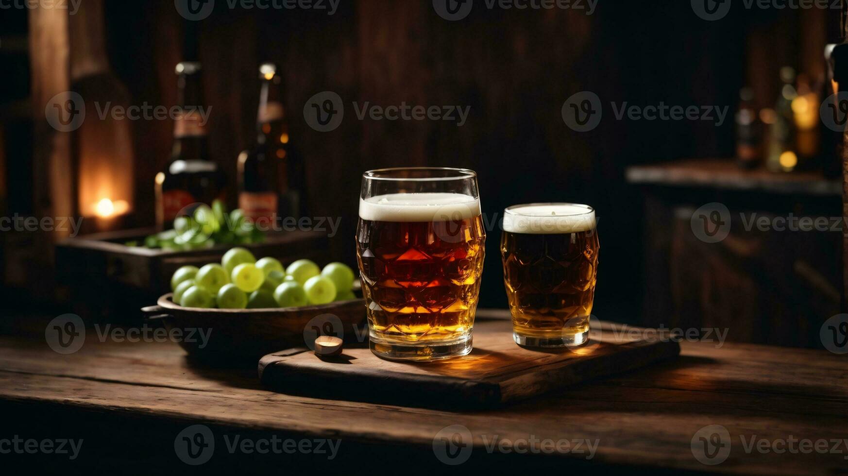 photo of glass beer and snacks  with bottle in backlground in bar