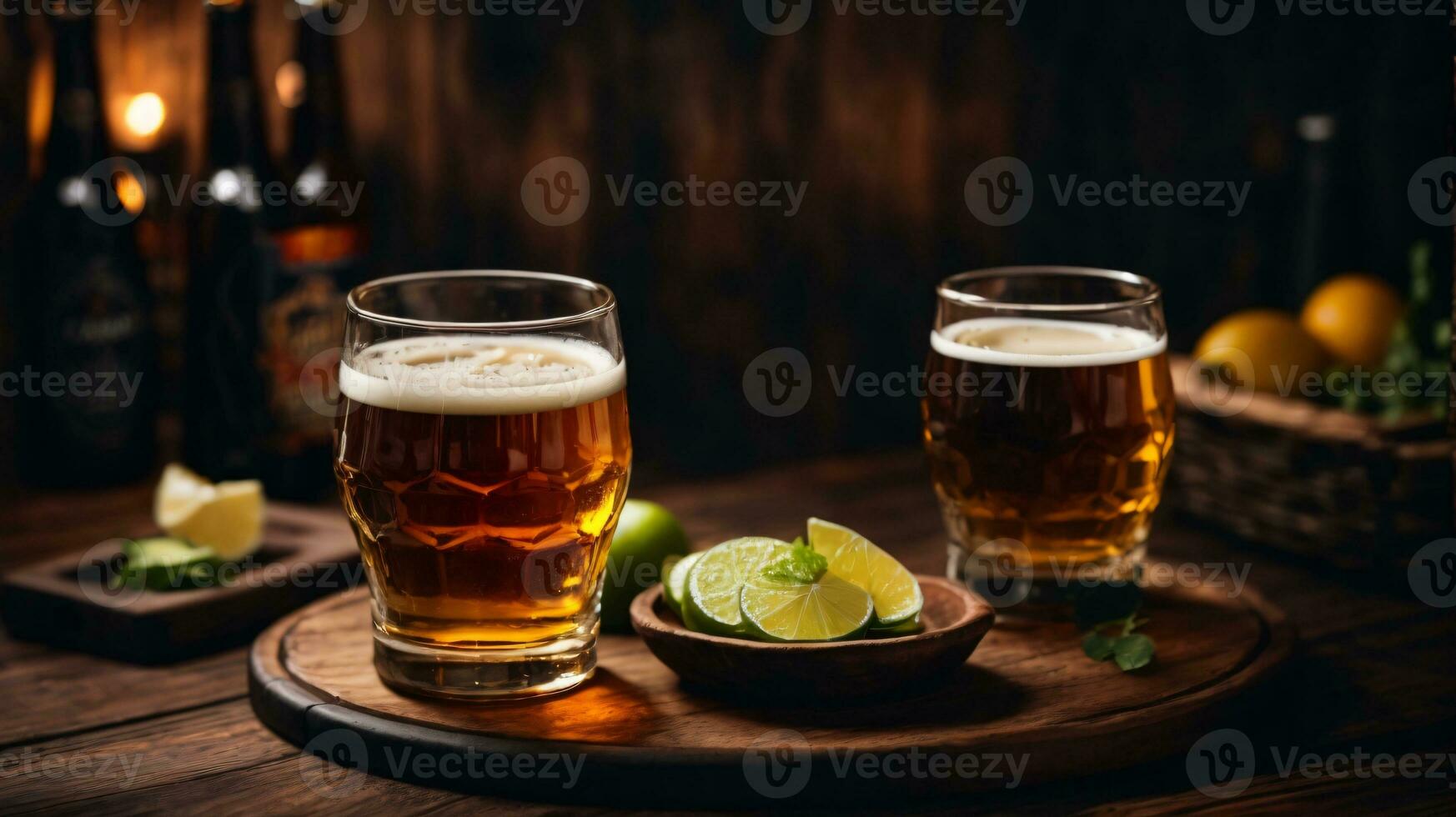 foto de vaso cerveza y meriendas con botella en fondo en bar