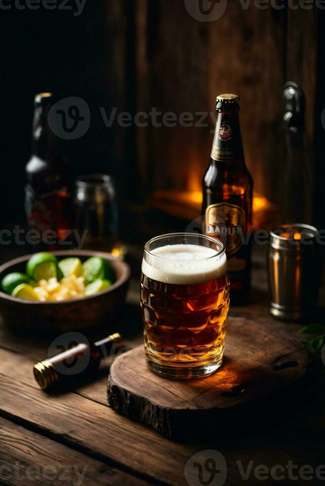 photo of glass beer and snacks  with bottle in backlground in bar