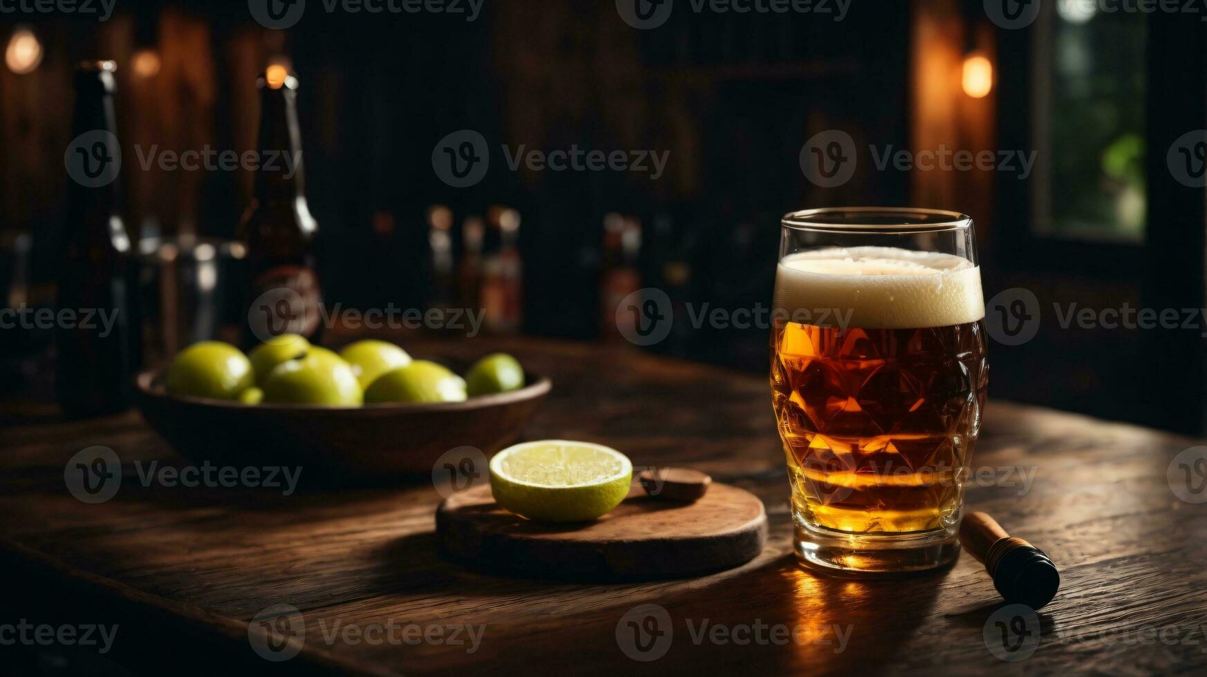 foto de vaso cerveza y meriendas con botella en fondo en bar