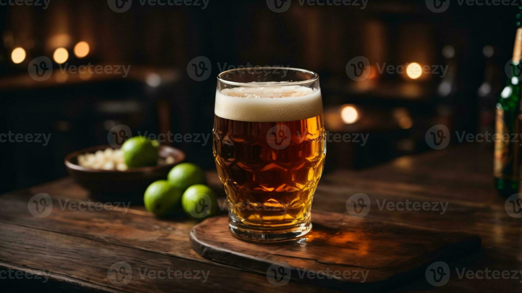 photo of glass beer and snacks  with bottle in backlground in bar