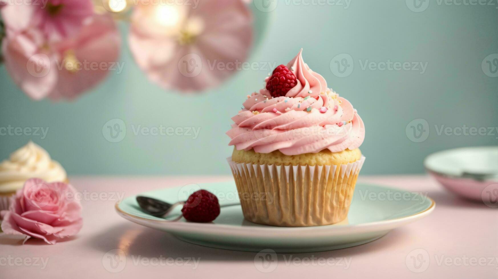 Delicious cupcakes on table on soft pastel background photo