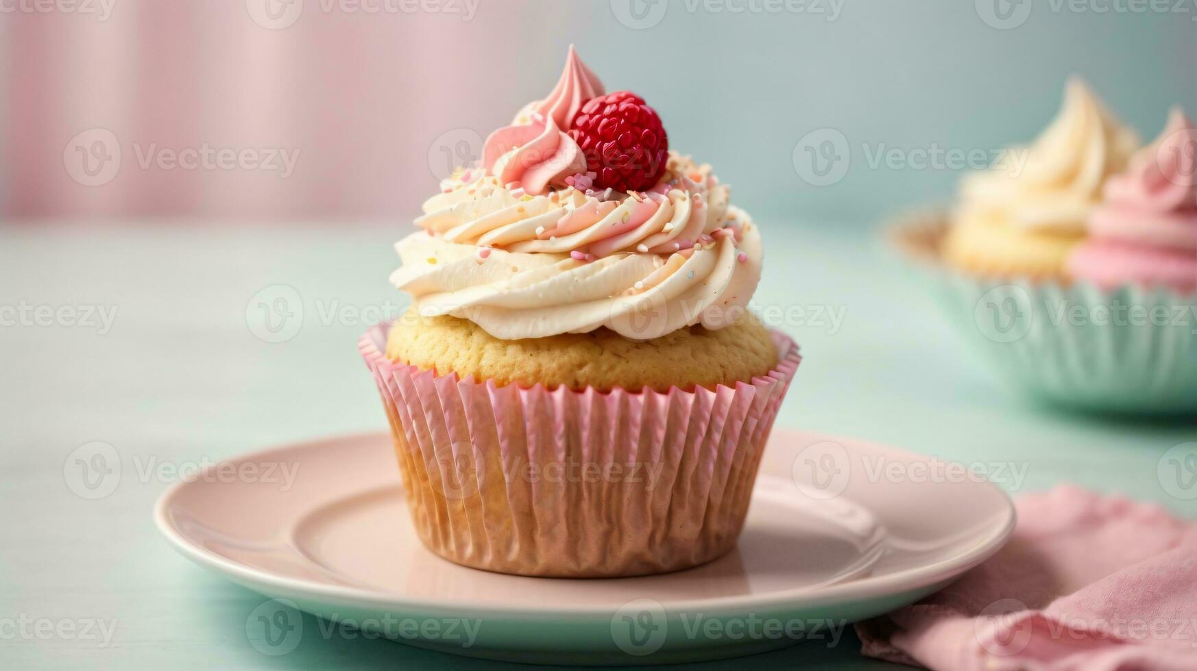 Delicious cupcakes on table on soft pastel background photo