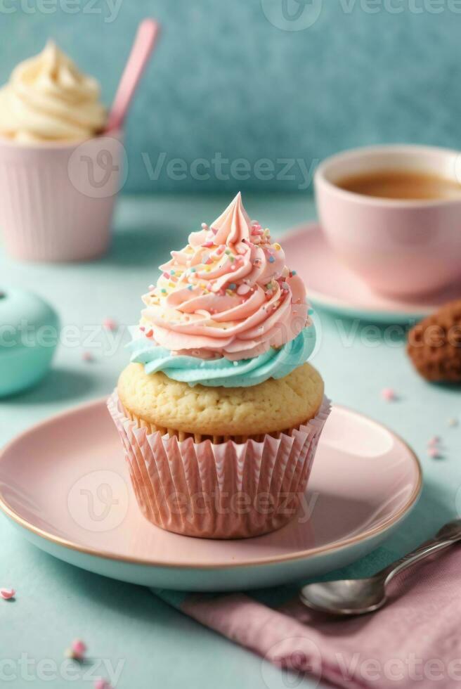 Delicious cupcakes on table on soft pastel background photo