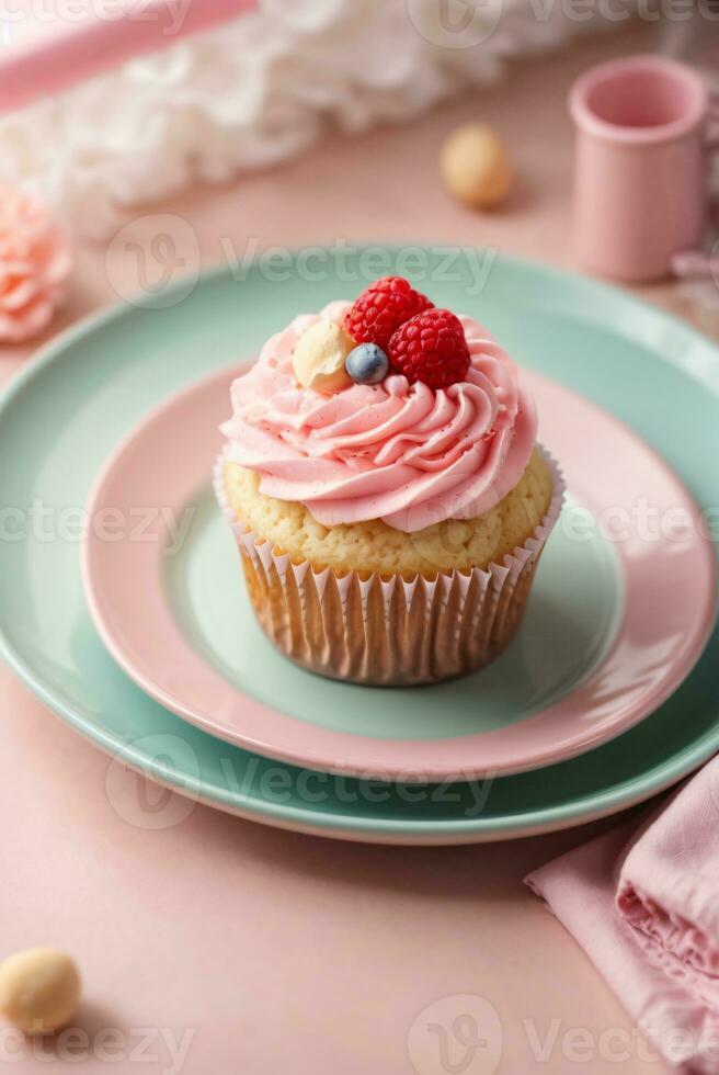 Delicious cupcakes on table on soft pastel background photo