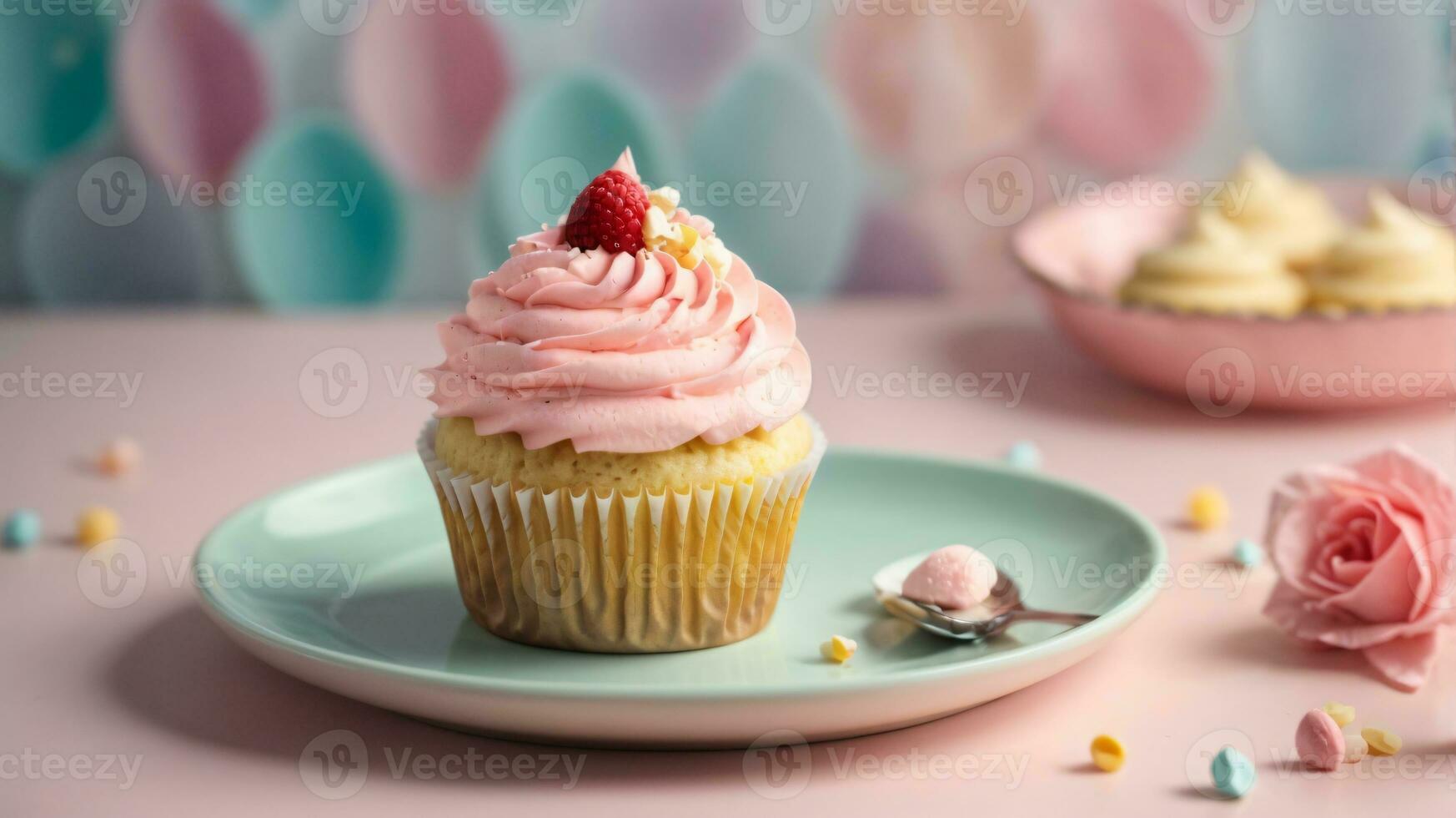 Delicious cupcakes on table on soft pastel background photo