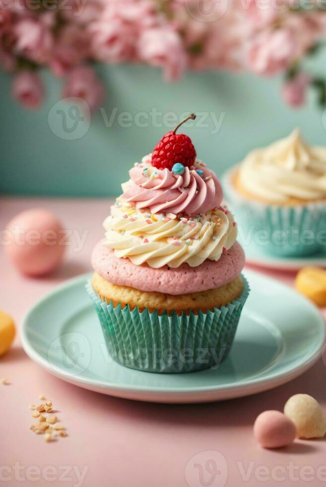 Delicious cupcakes on table on soft pastel background photo