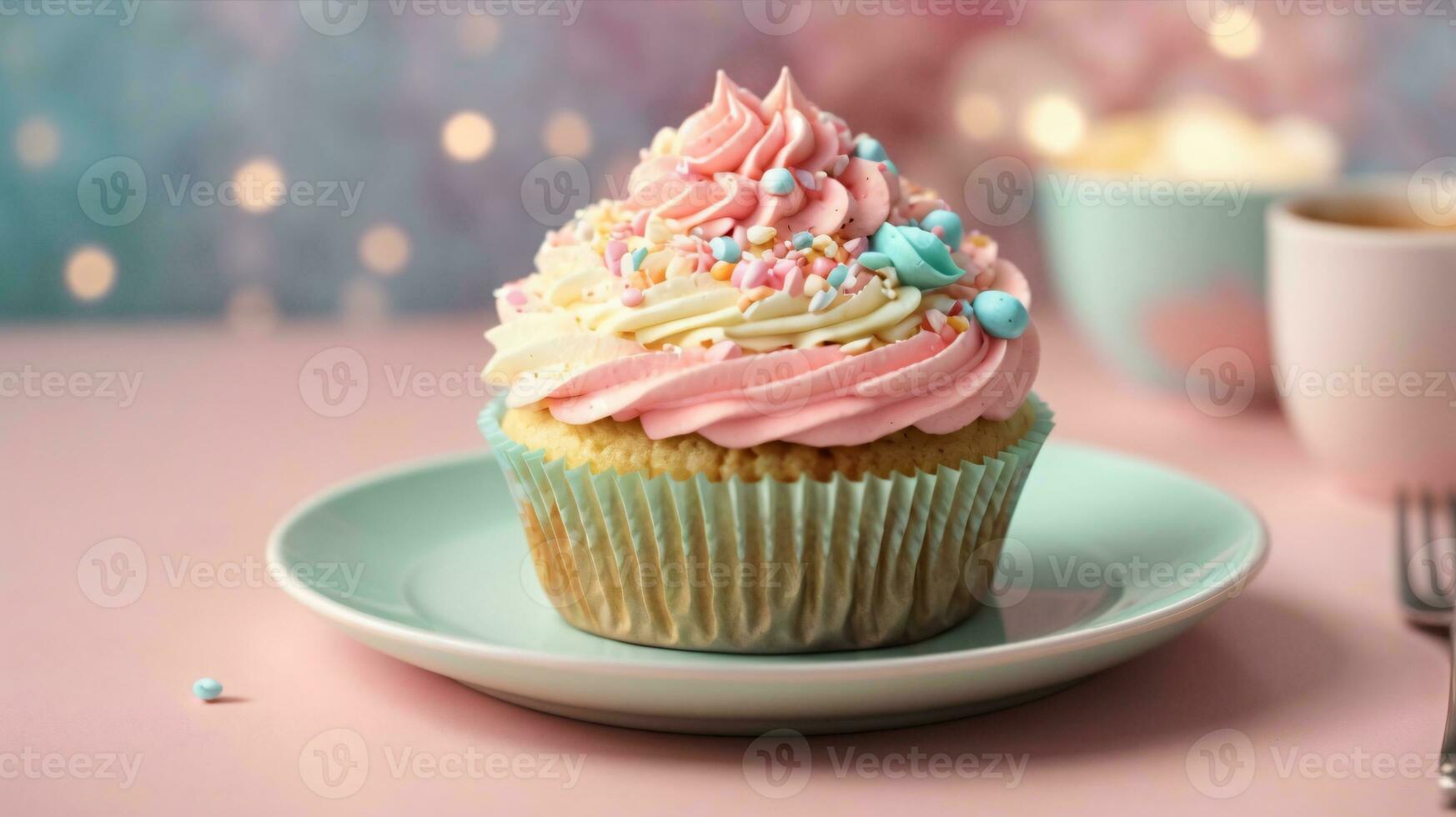 Delicious cupcakes on table on soft pastel background photo