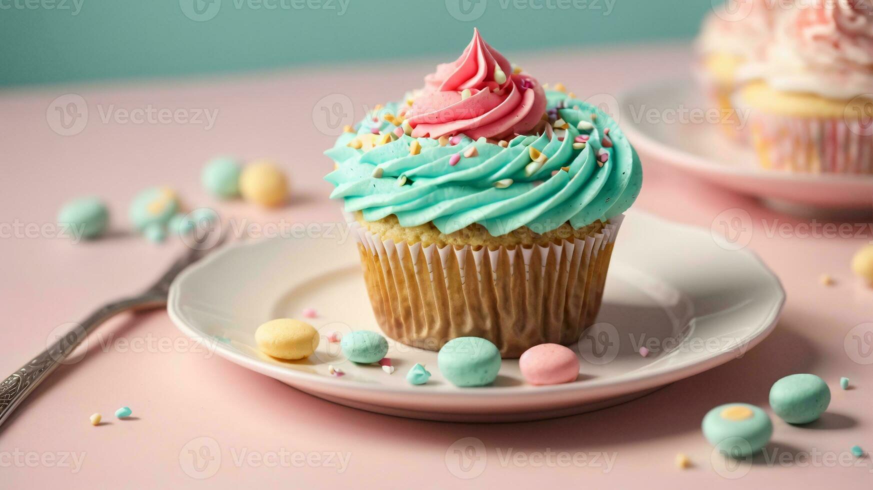 Delicious cupcakes on table on soft pastel background photo