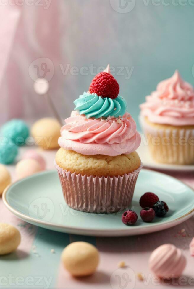 Delicious cupcakes on table on soft pastel background photo