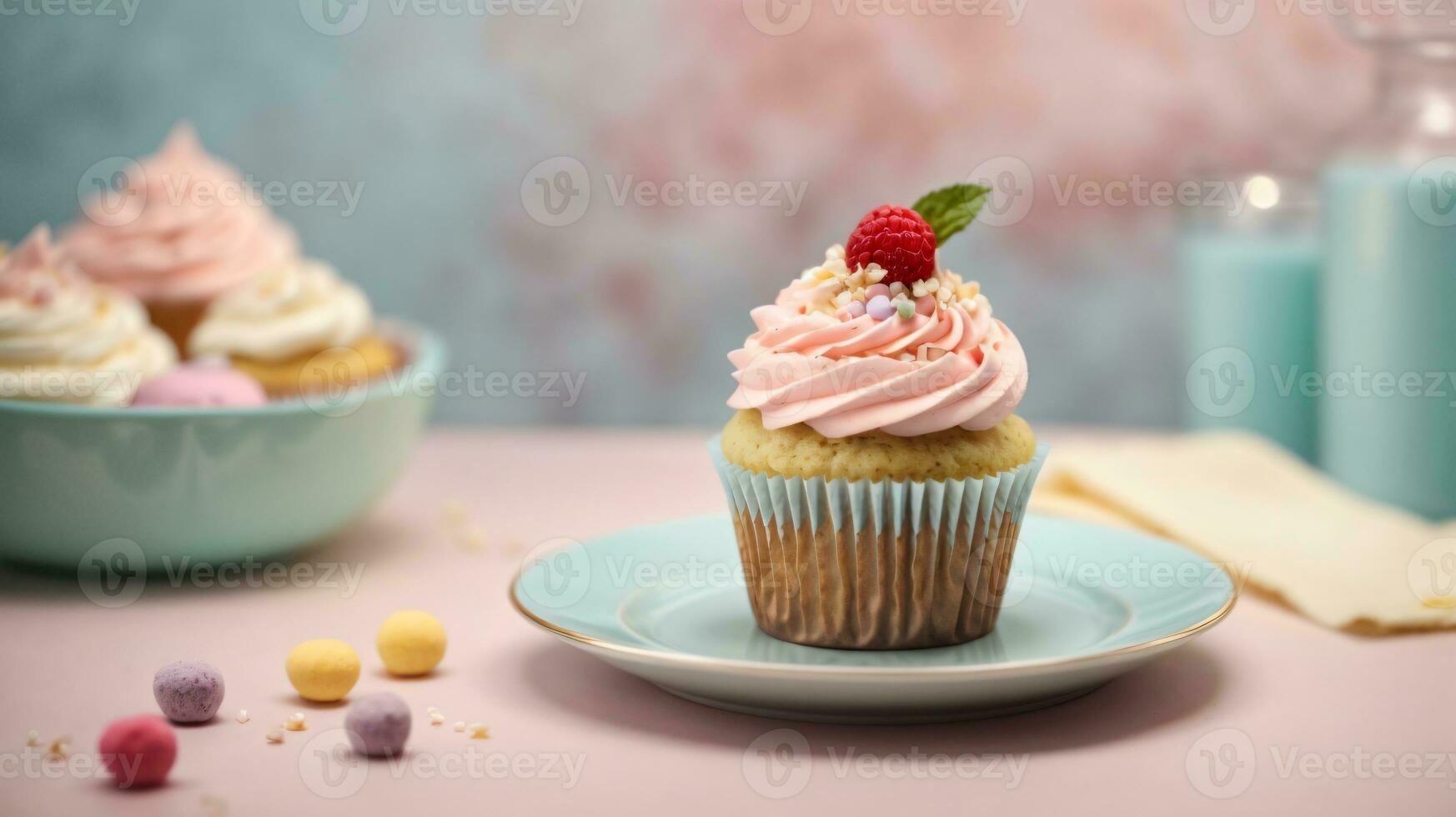 Delicious cupcakes on table on soft pastel background photo