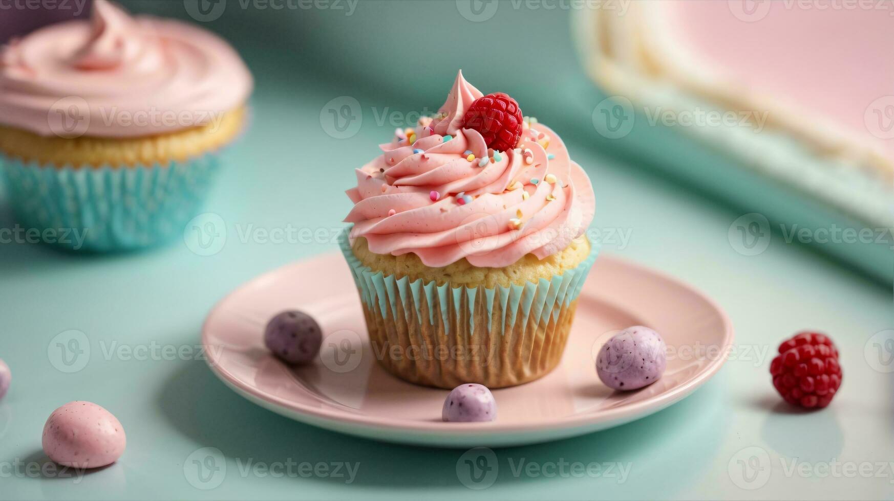 Delicious cupcakes on table on soft pastel background photo