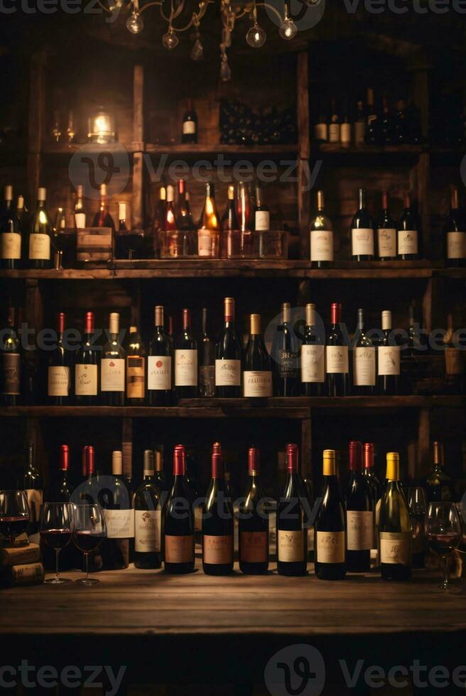 tasty wine arranged on table and the shelf in wine cellar background photo