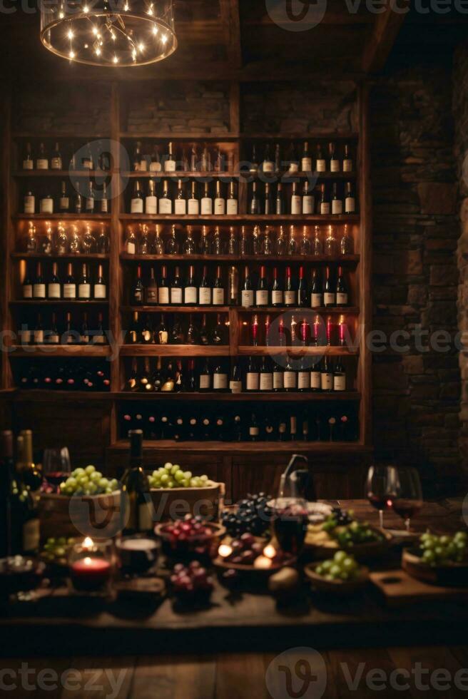 sabroso vino arreglado en mesa y el estante en vino cava antecedentes foto