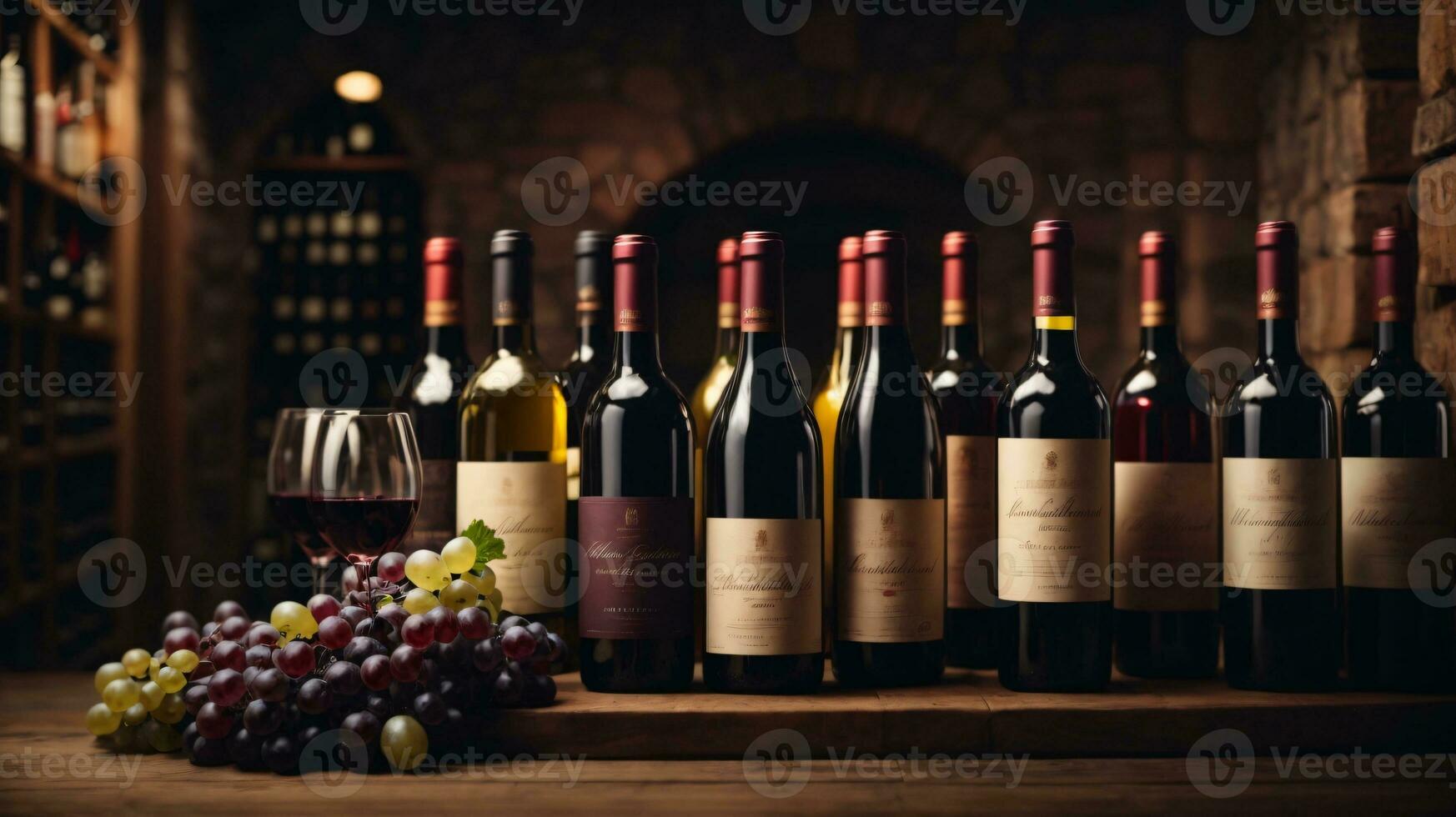 tasty wine arranged on table and the shelf in wine cellar background photo