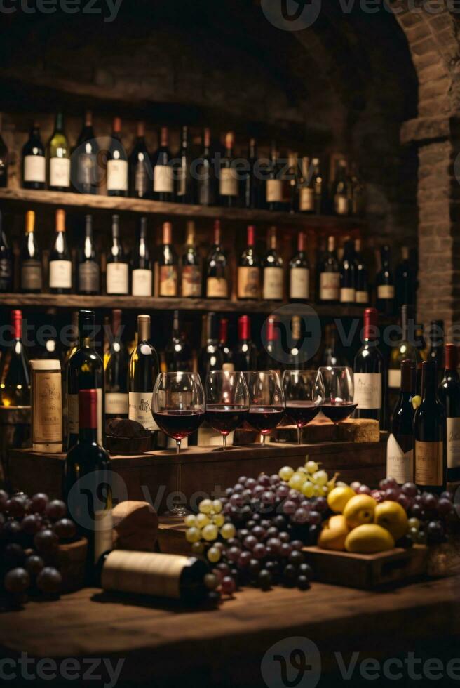 tasty wine arranged on table and the shelf in wine cellar background photo