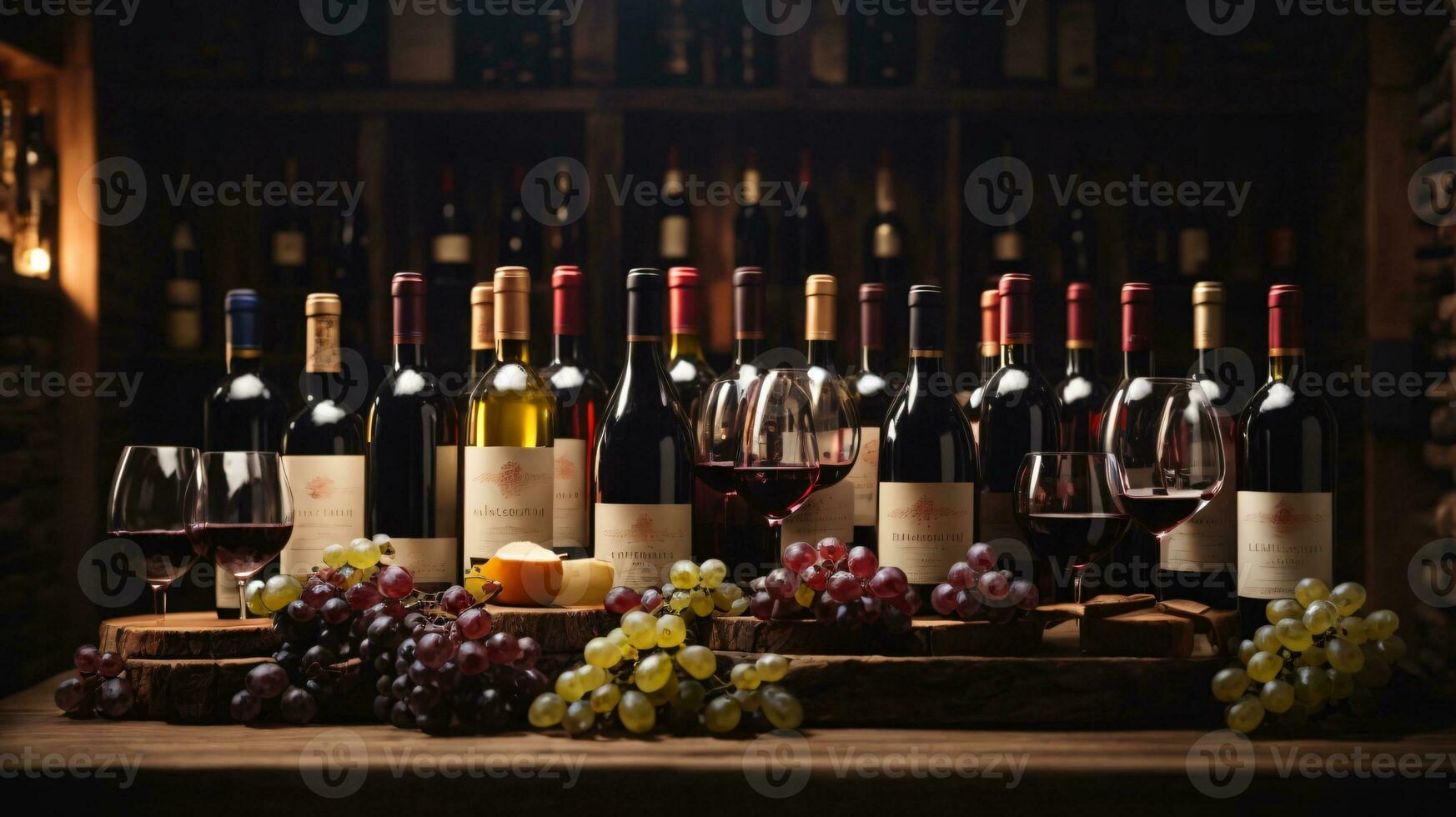 tasty wine arranged on table and the shelf in wine cellar background photo