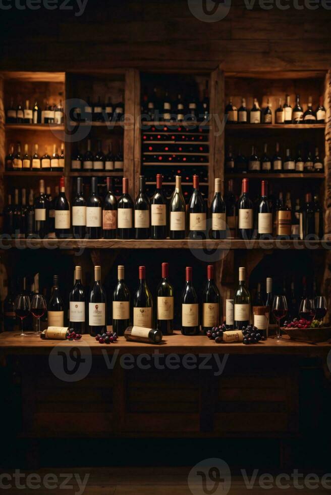 tasty wine arranged on table and the shelf in wine cellar background photo