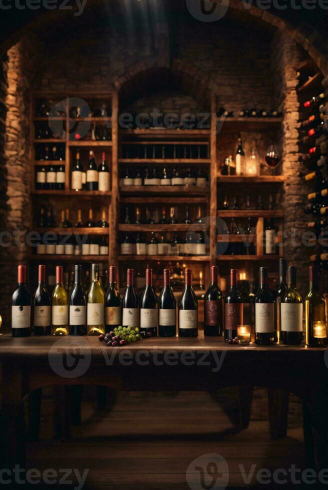 tasty wine arranged on table and the shelf in wine cellar background photo