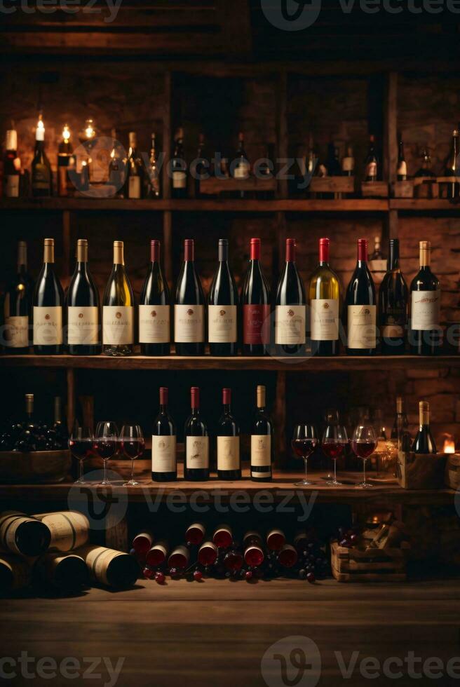 tasty wine arranged on table and the shelf in wine cellar background photo