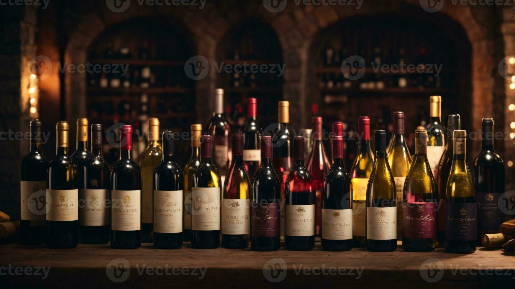 tasty wine arranged on table and the shelf in wine cellar background photo