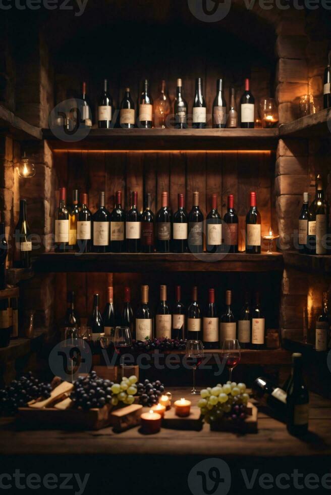 tasty wine arranged on table and the shelf in wine cellar background photo