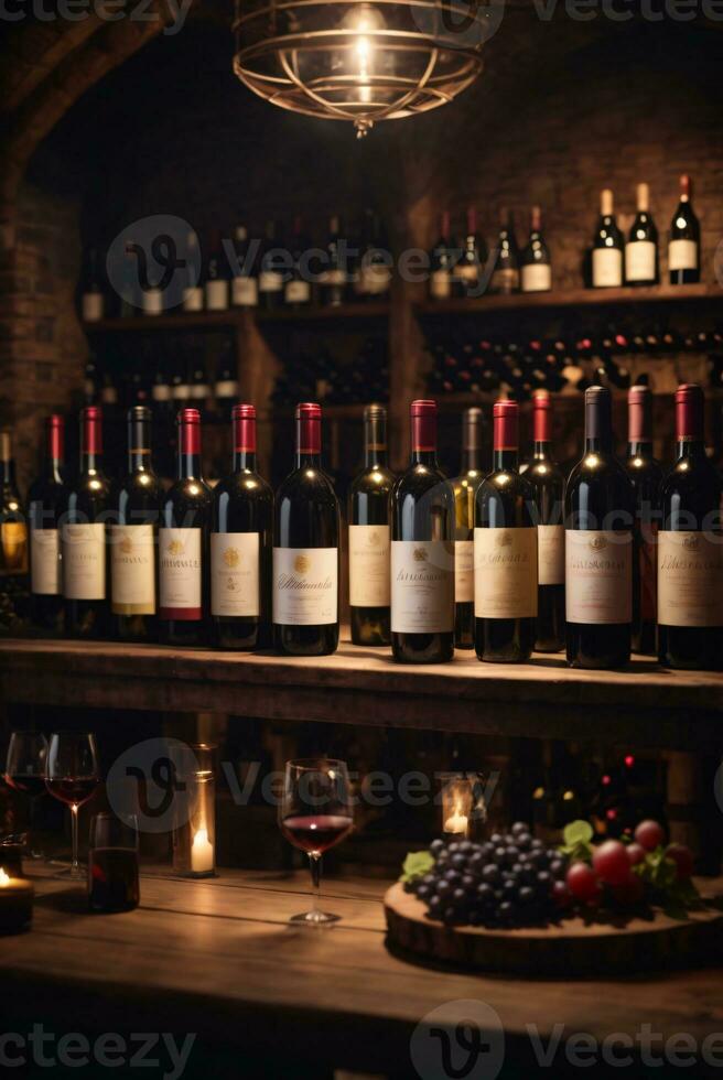 tasty wine arranged on table and the shelf in wine cellar background photo