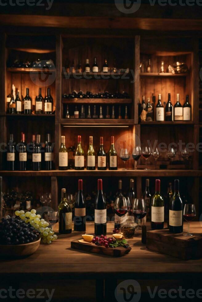 tasty wine arranged on table and the shelf in wine cellar background photo