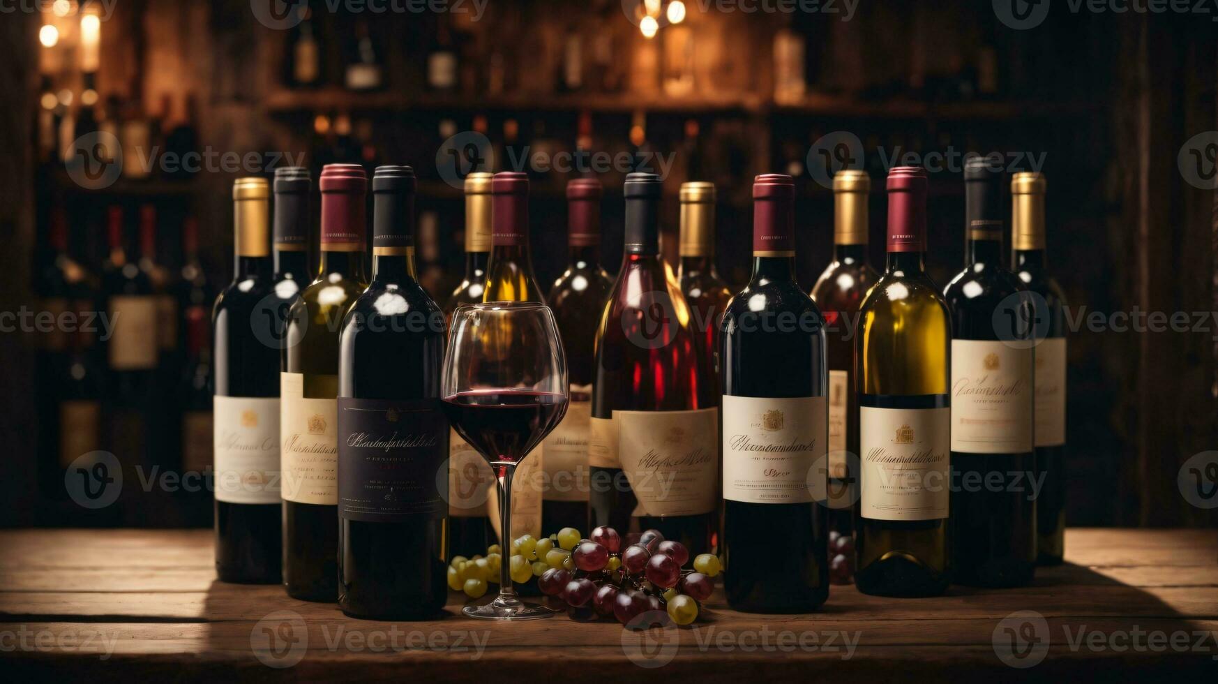 tasty wine arranged on table and the shelf in wine cellar background photo