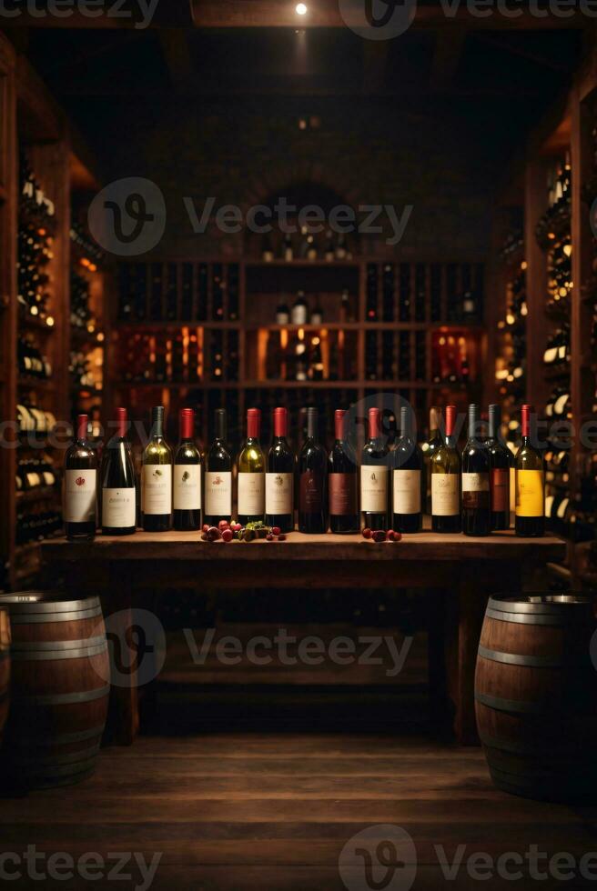 tasty wine arranged on table and the shelf in wine cellar background photo