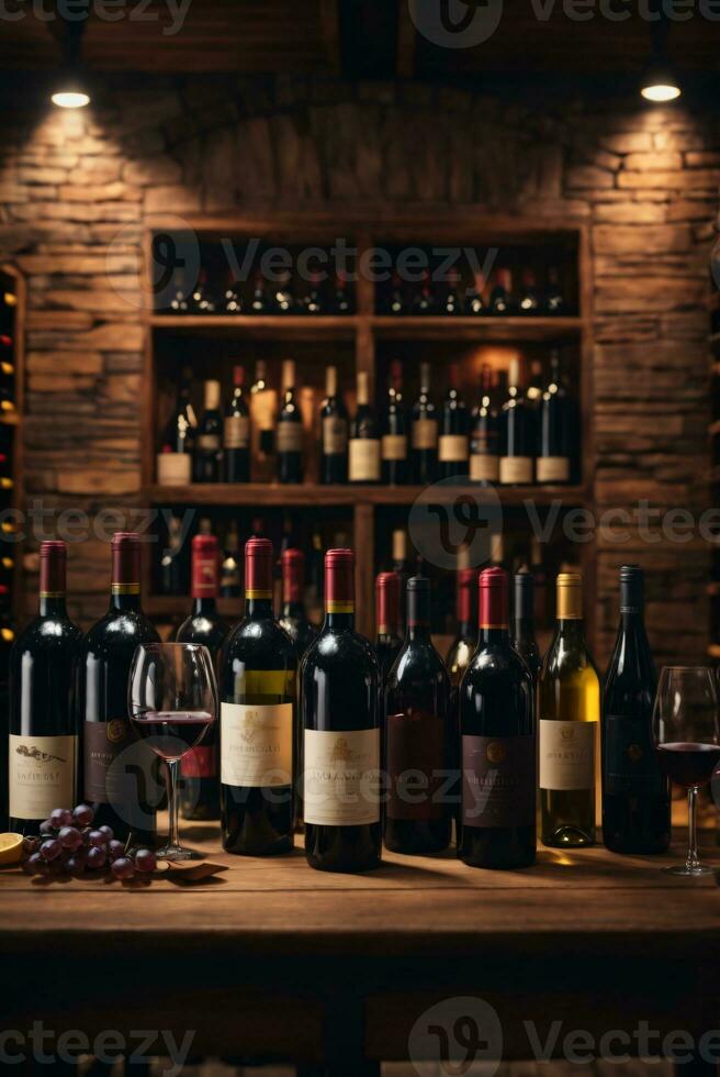 tasty wine arranged on table and the shelf in wine cellar background photo