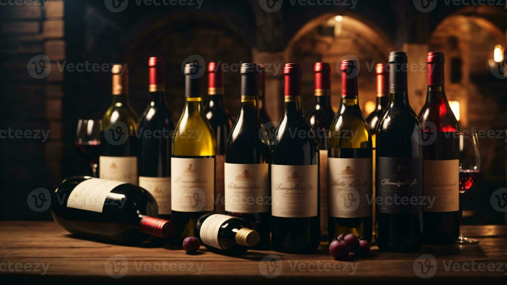 tasty wine arranged on table and the shelf in wine cellar background photo