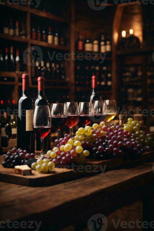 tasty wine arranged on table and the shelf in wine cellar background photo