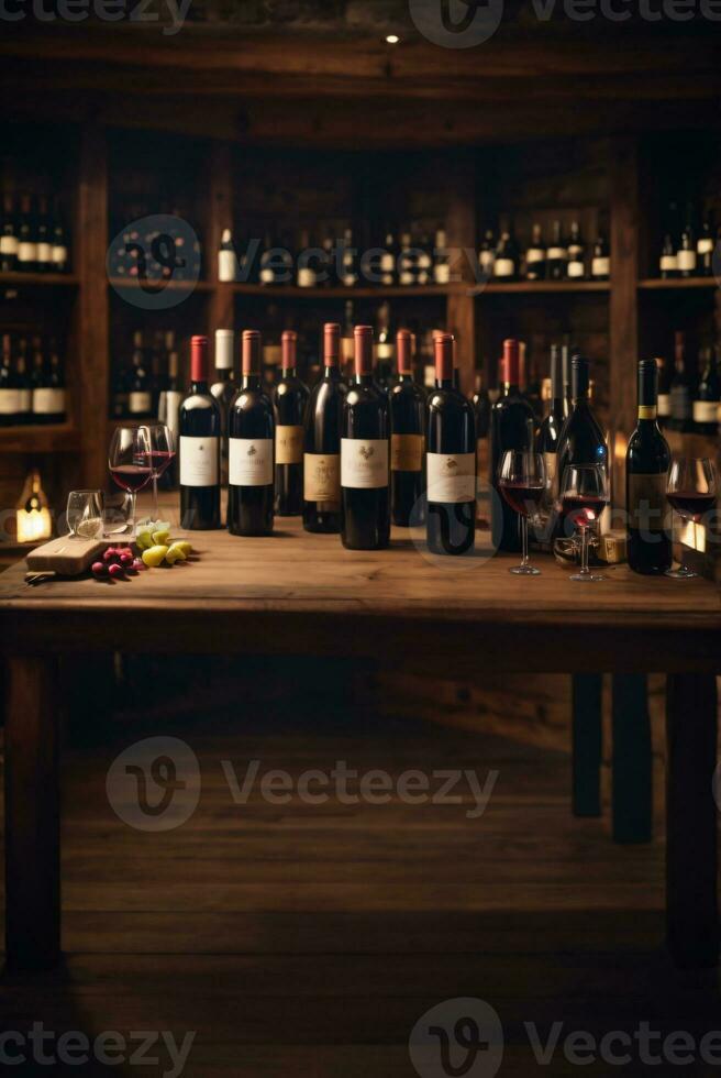 tasty wine arranged on table and the shelf in wine cellar background photo