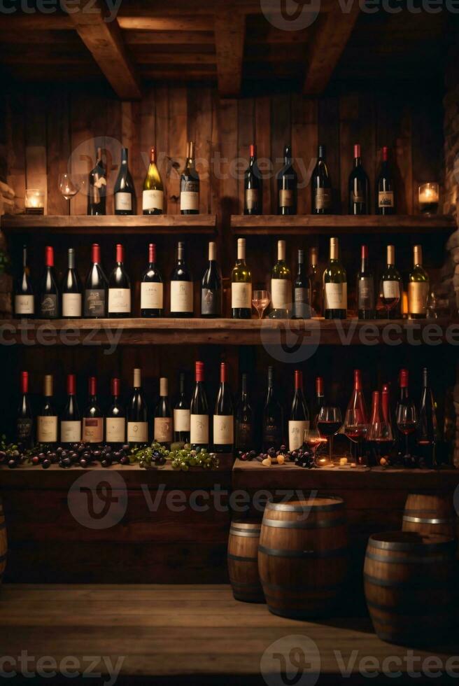 tasty wine arranged on table and the shelf in wine cellar background photo