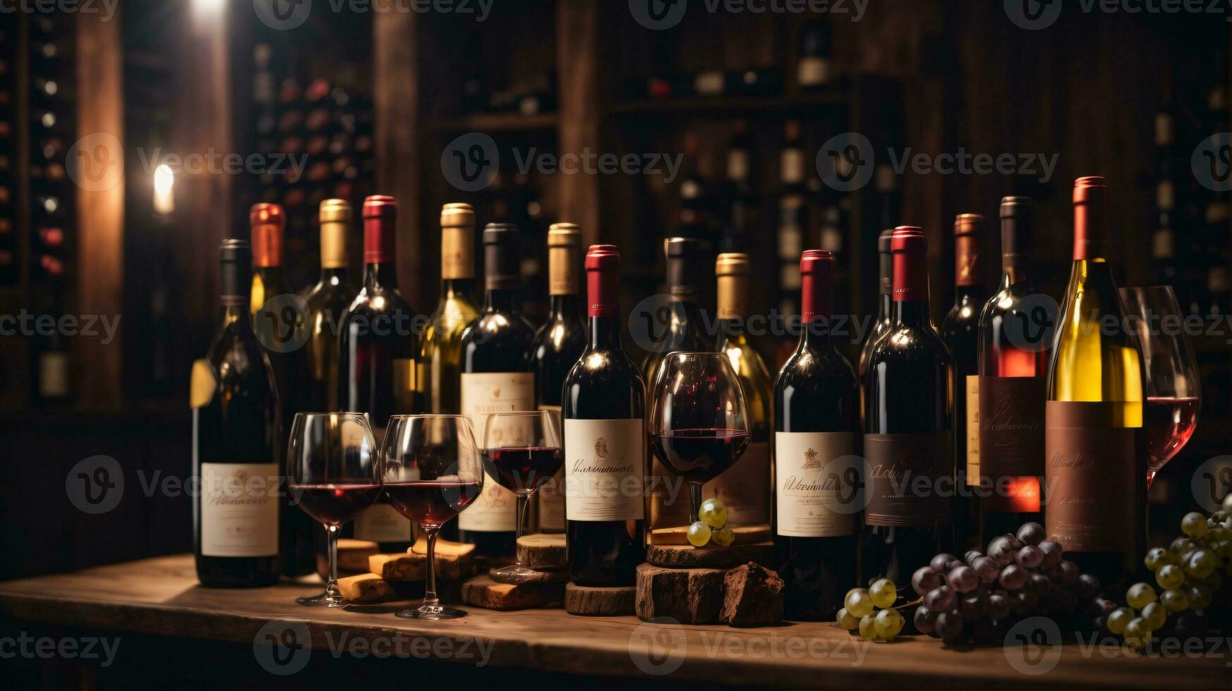 tasty wine arranged on table and the shelf in wine cellar background photo