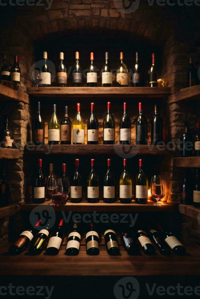 tasty wine arranged on table and the shelf in wine cellar background photo