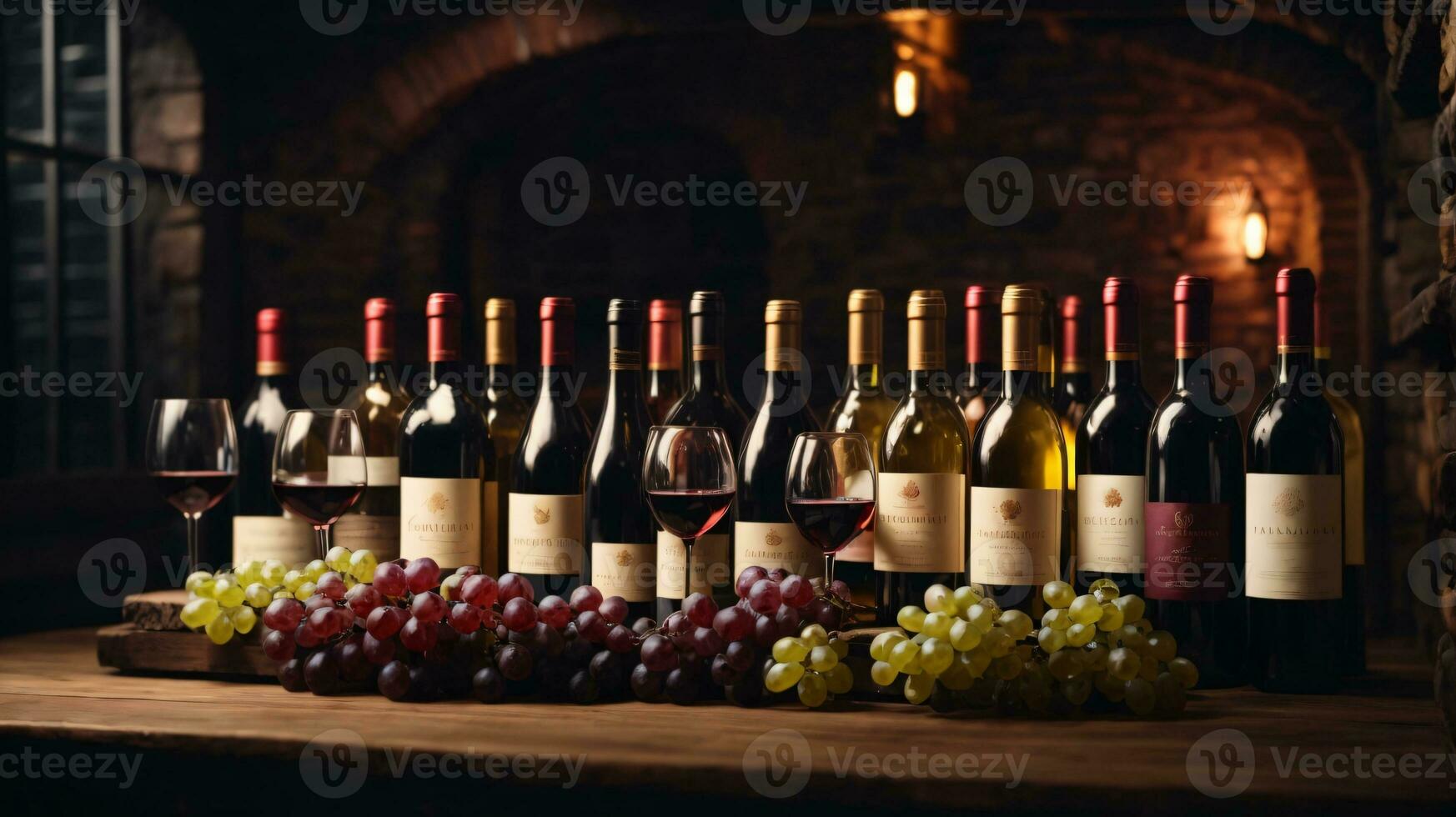 tasty wine arranged on table and the shelf in wine cellar background photo