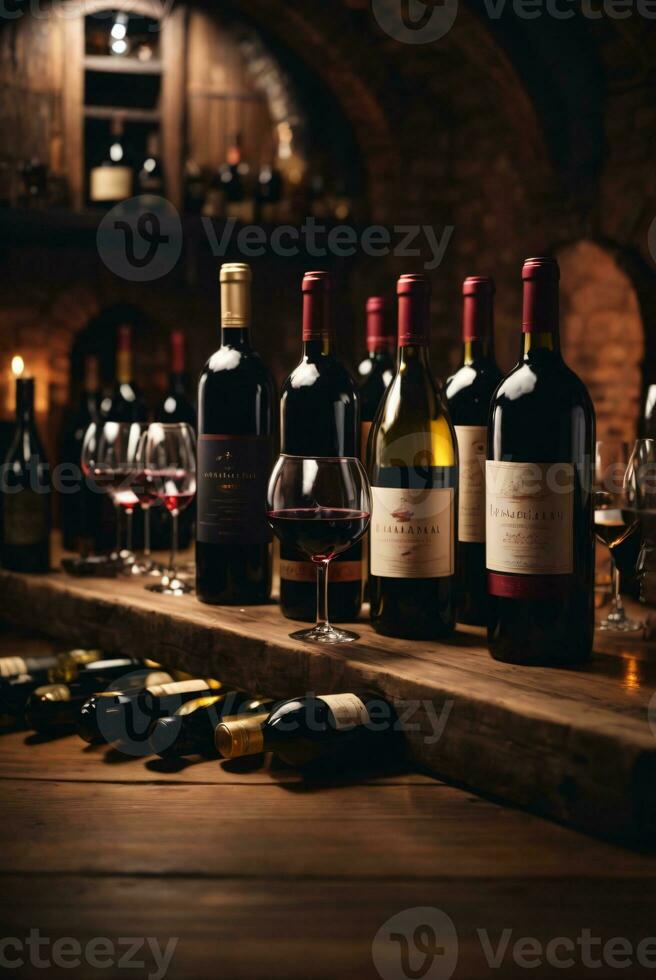 tasty wine arranged on table and the shelf in wine cellar background photo