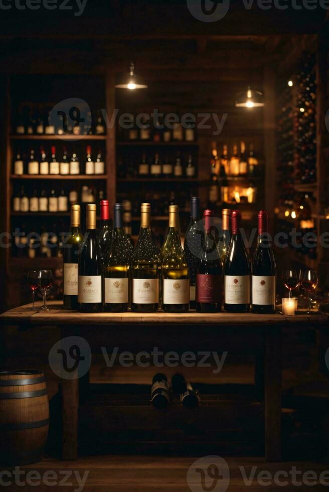 tasty wine arranged on table and the shelf in wine cellar background photo