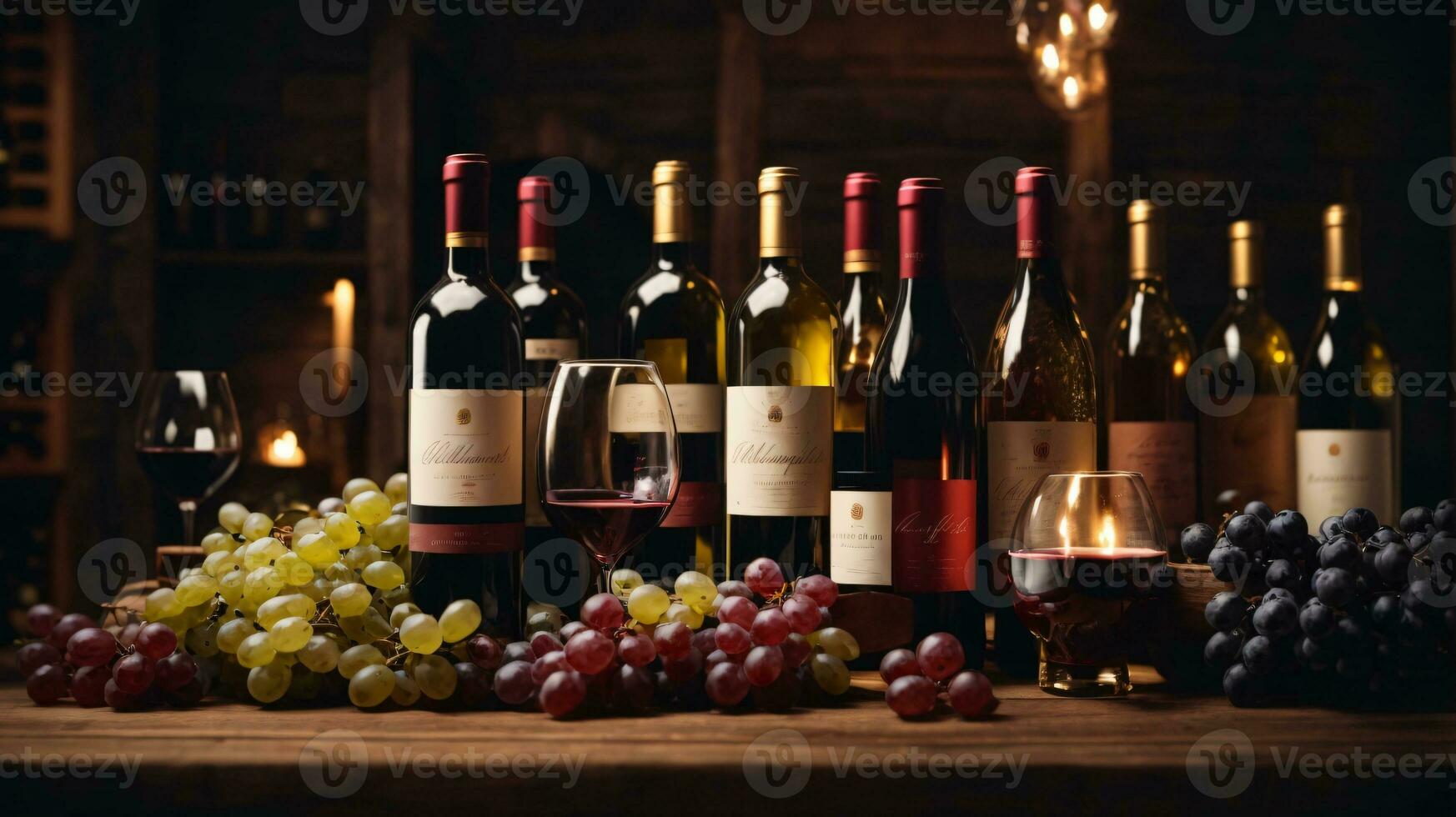 tasty wine arranged on table and the shelf in wine cellar background photo