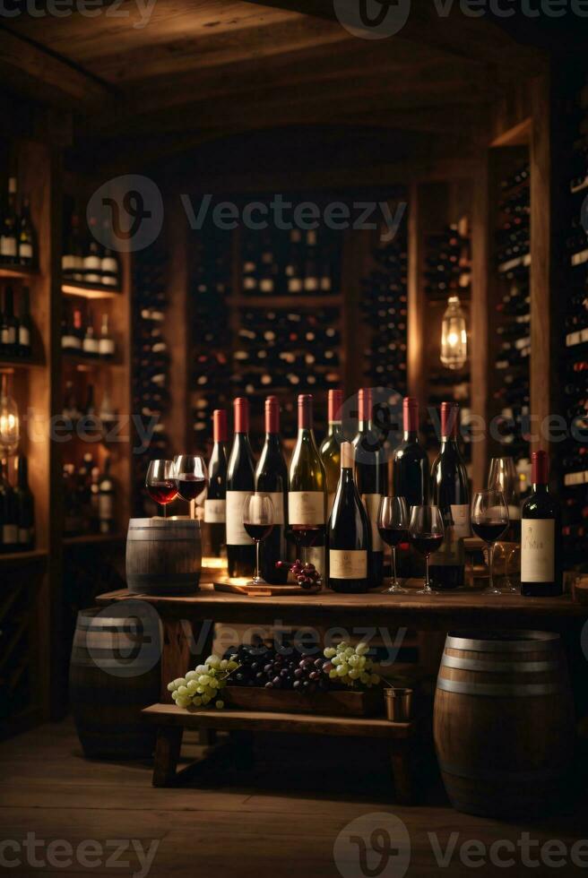 tasty wine arranged on table and the shelf in wine cellar background photo